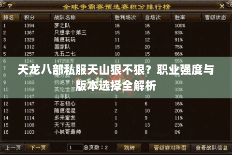 天龙八部私服天山狠不狠？职业强度与版本选择全解析